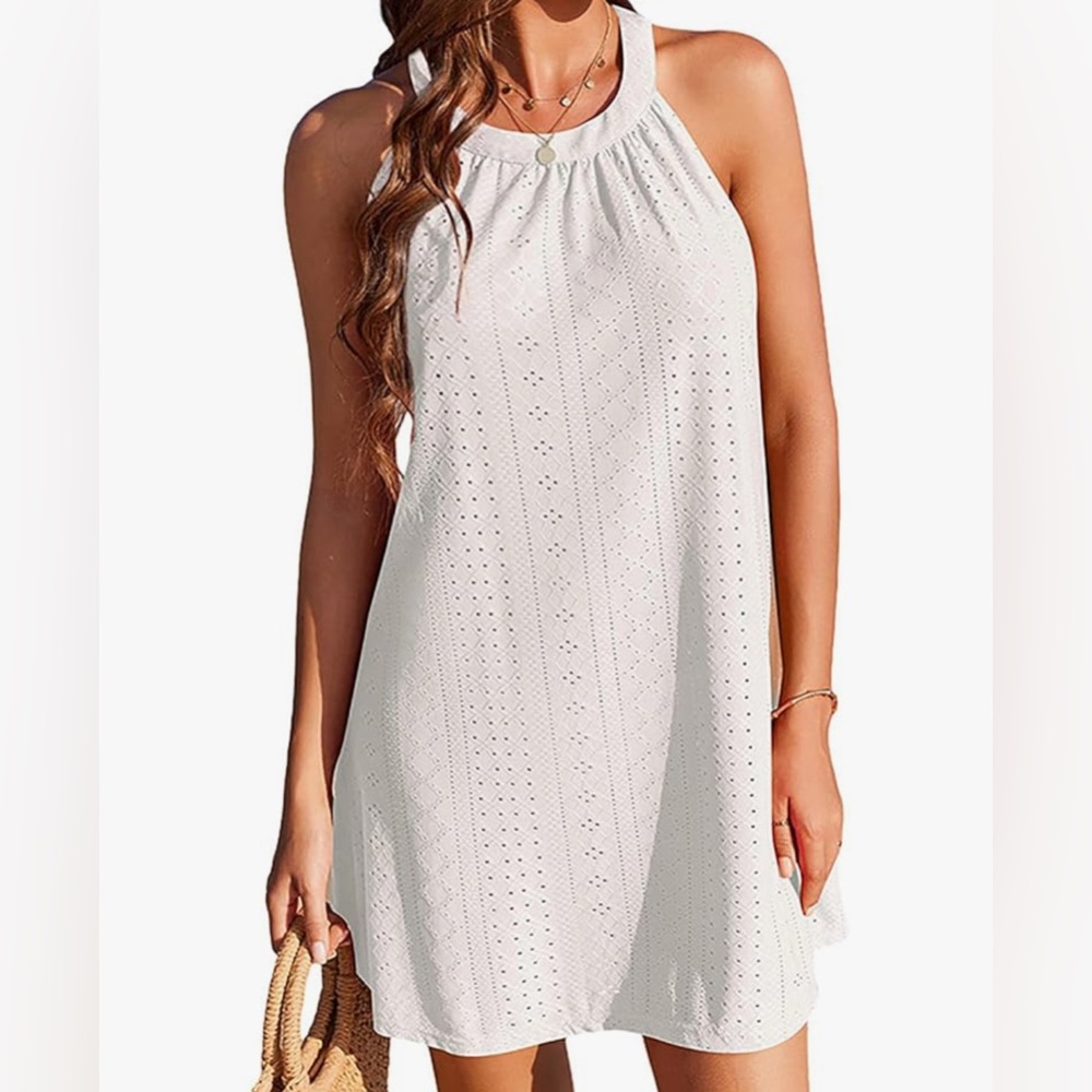 White Sleeveless Halter Eyelet Dress